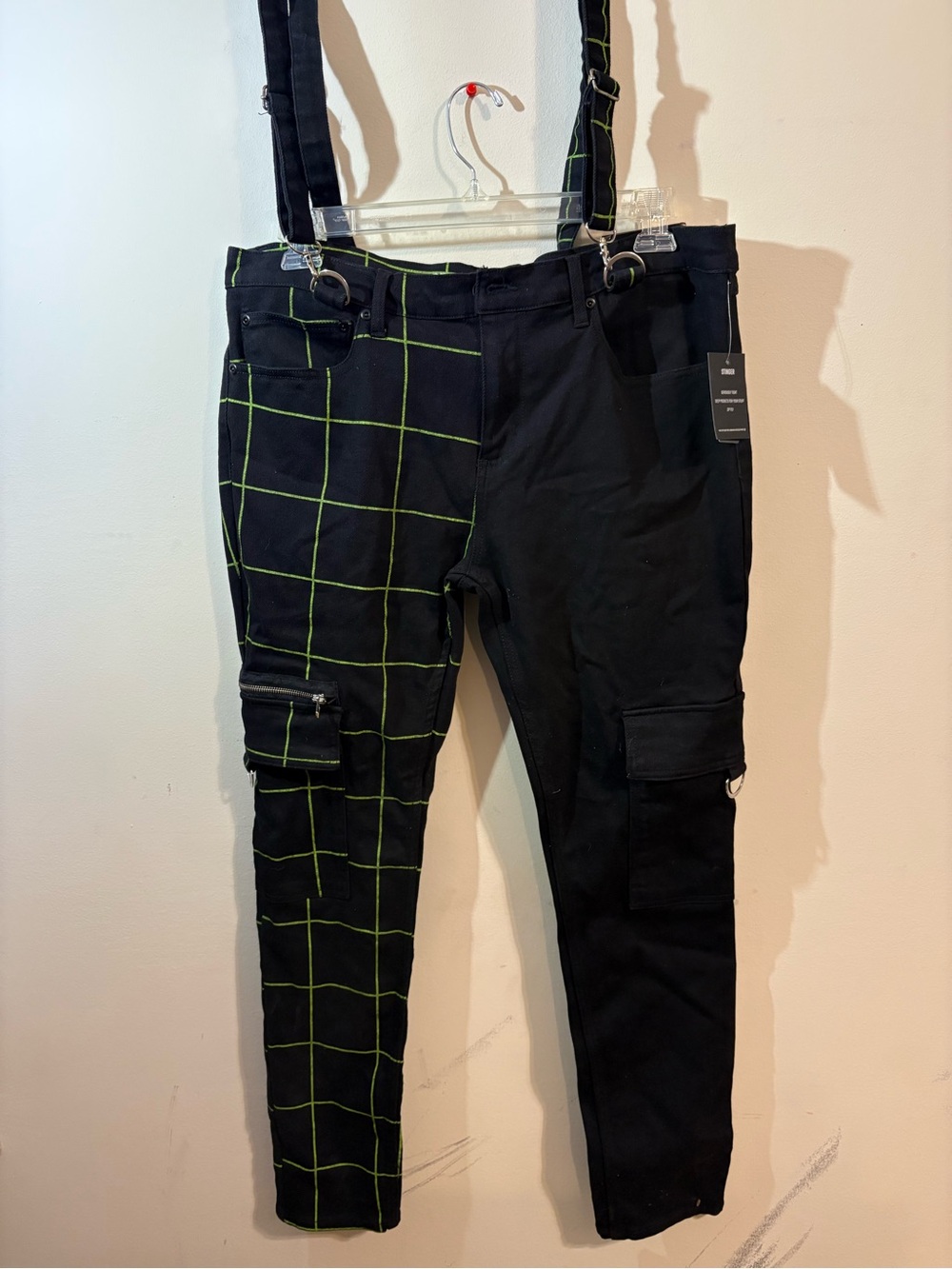 Hot Topic HT Denim Black & Green Split Grid Stinger Jeans 38x32 green Suspenders